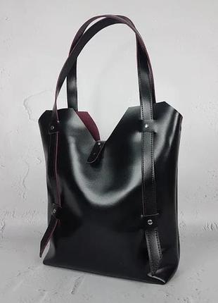 Сумка большая натуральная кожа женская черная с марсала изнанкой 1690