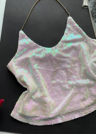 👚блестящий белый топ в пайетках/розово-зелёный топ с пайетками бретелька через шею👚