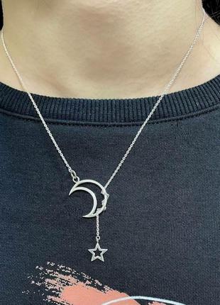 Серебряное колье звезда, месяц, 925, минимализм