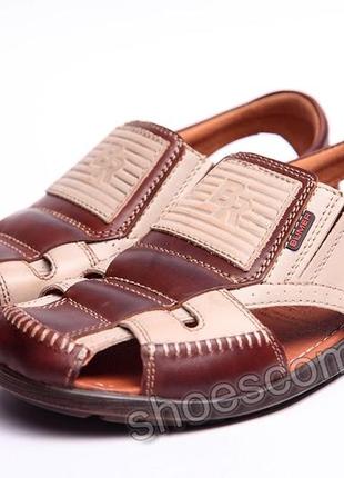 Мужские кожаные сандалии bumer, оригинал, премиум качество, бежевые с коричневым2 фото