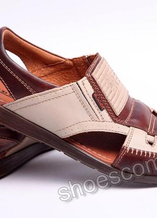 Мужские кожаные сандалии bumer, оригинал, премиум качество, бежевые с коричневым6 фото