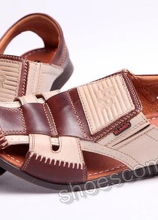 Мужские кожаные сандалии bumer, оригинал, премиум качество, бежевые с коричневым7 фото
