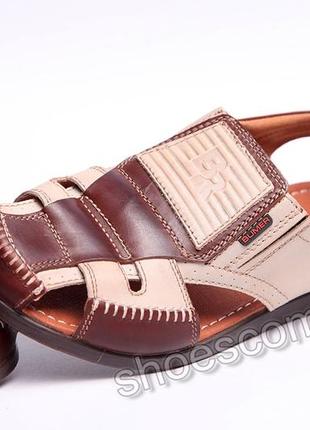 Мужские кожаные сандалии bumer, оригинал, премиум качество, бежевые с коричневым9 фото