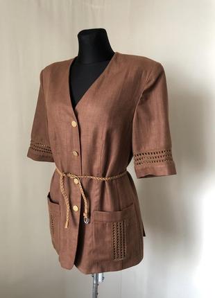 Ретро вінтаж коричневий жакет льон ажурна тасьма