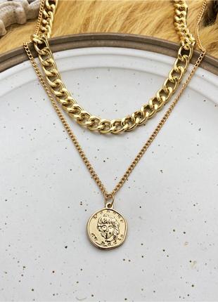 Цепочка цепь колье ожерелье две цепочки с кулоном монеткой золотистая новая5 фото