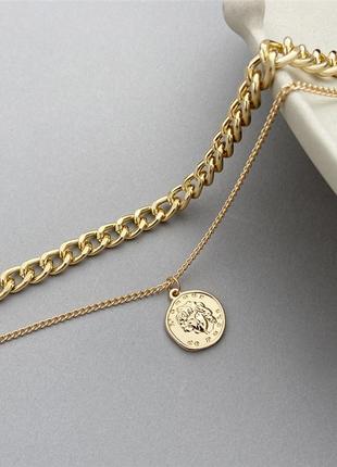 Цепочка цепь колье ожерелье две цепочки с кулоном монеткой золотистая новая6 фото
