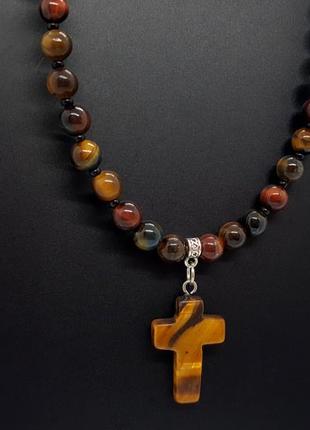 🐯🐅 ожерелье чокер с подвеской "крестик" натуральный камень тигровый, соколый и бычий глаз8 фото