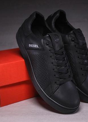 Кожаные мужкие кеды с перфорацией diesel black9 фото