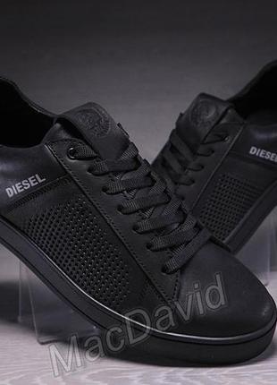 Кожаные мужкие кеды с перфорацией diesel black6 фото