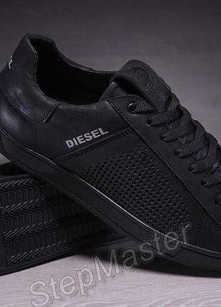 Кожаные мужкие кеды с перфорацией diesel black6 фото