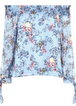 Прозрачная голубая блуза в цветочный принт, полупрозрачный, открытые плечи2 фото