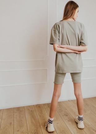 Женский костюм футболка + шорты comfort оливковый с рефлективным принтом4 фото