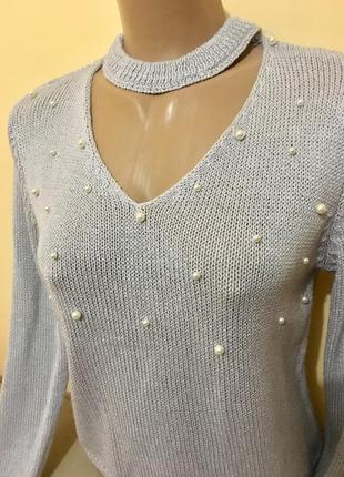 Сіра в'язана кофта свитер свитшот з чокером і перлинками2 фото