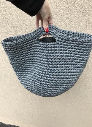 Ексклюзивна трендова в'язана плетені сіра сумка-кошик6 фото