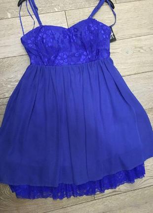 Синее шифоновое платье с кружевом3 фото