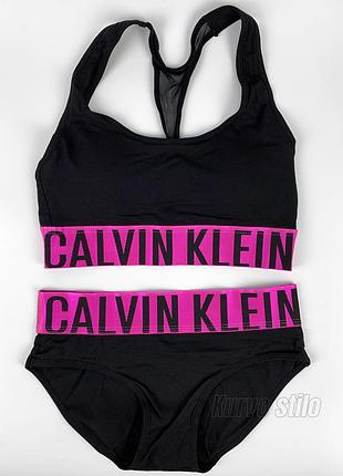 Жіночий комплект нижньої білизни calvin klein (топ + бріфи), колір чорний з рожевим гумкою
