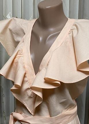Блуза из хлопка абрикосового цвета с пышными воланами и поясом2 фото
