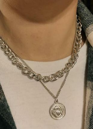 Крупная двойная цепь с подвеской медальон в серебре, цепочка чокер двойная женская9 фото