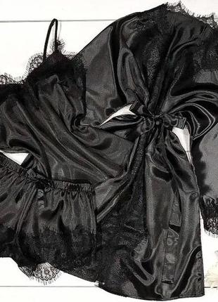 Чорний піжамний комплект з мереживом + халат. жіноча домашній одяг