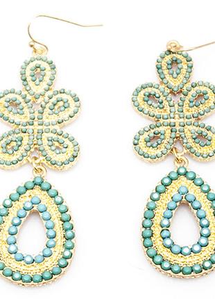 Длинные серьги бижутерия узор бирюзовый и золото