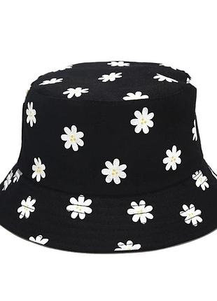 Панама двухсторонняя ромашки черная, унисекс