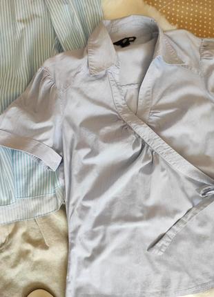 Голубая блуза в мелкую полоску / блузка на запах, хлопок / полосатая рубашка3 фото