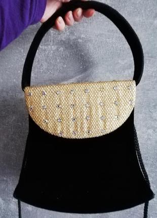 Вечірня оксамитова чорно-золота сумка, сумочка клатч, зі стразами1 фото