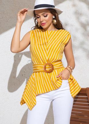 Яскрава жовта блузка блуза сорочка без рукавів з поясом в полоску подовжена довга повсякденна2 фото