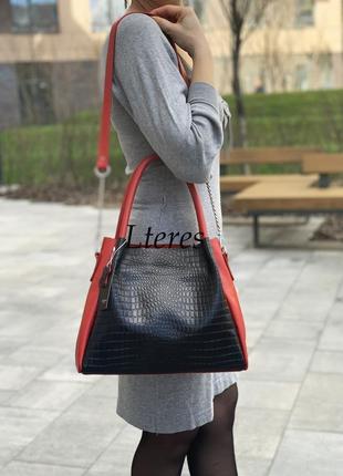 Вишукана шкіряна червона+чорна кроко жіноча сумка, кольори в асортименті2 фото