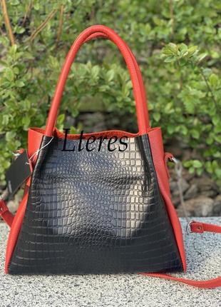 Вишукана шкіряна червона+чорна кроко жіноча сумка, кольори в асортименті1 фото
