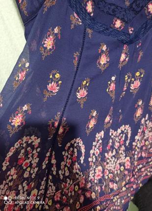 31. шифоновая вискозная темно-синяя с цветами и кружевом блуза туника вискоза3 фото