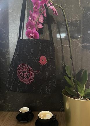 Эко сумка шоппер торба @don.bacon кросс бади чёрная цветы надписи чашка кофе латте арт4 фото