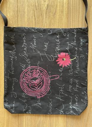 Эко сумка шоппер торба @don.bacon кросс бади чёрная цветы надписи чашка кофе латте арт7 фото