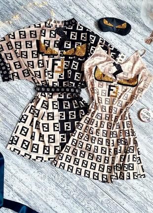 Шовкова ночнушка і халат з принтом ff