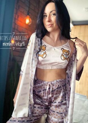 Шелковая пижама с халатом с принтом teddy