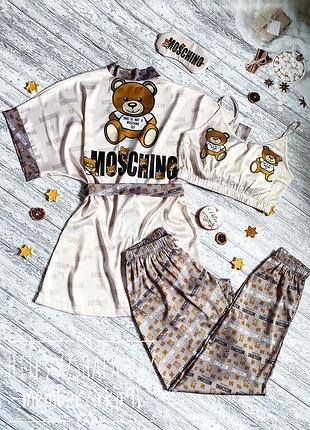 Шелковая пижама с халатом с принтом teddy