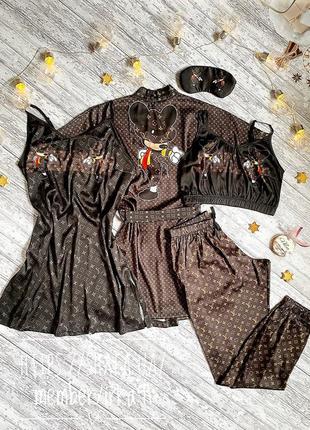 Шелковая пижама с ночнушкой и халатом с принтом mickey