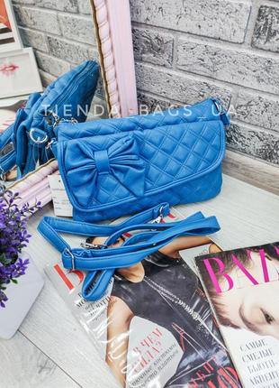 Клатч 8836 голубой / сумка через плечо стеганая с бантиком (распродажа)