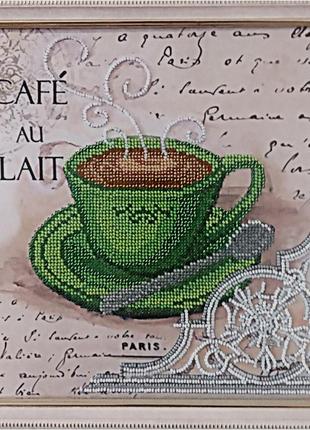 Картина вышитая бисером чашечка кофе в париже "lait". 26,5х26,5см