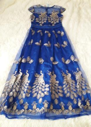 Платье вечернее синее с золотым шитьем1 фото