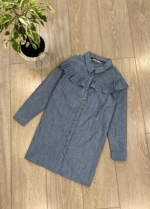 Блуза-рубашка котоновая джинсовая в мелкий горох с рюшей размер 12-14