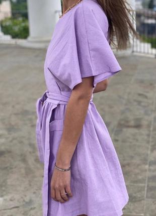 Короткое льняное лиловое платье на запах4 фото