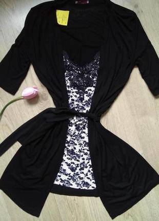 Короткое трикотажное черное домашнее платье халат orsay с кружевом/халатик-рубашка с рукавами1 фото