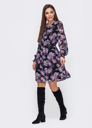 Воздушное шифоновое платье в цветочный принт  миди выше колен с длинным рукавом3 фото
