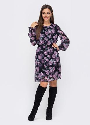 Воздушное шифоновое платье в цветочный принт  миди выше колен с длинным рукавом2 фото