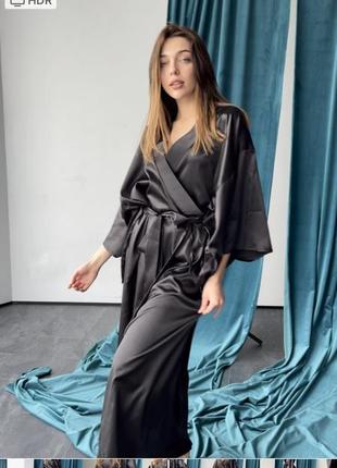 Сукня-халат кімоно 42-50 атлас максі чорний2 фото