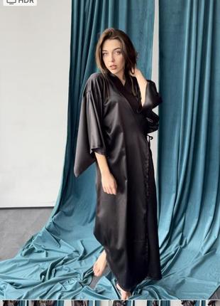 Сукня-халат кімоно 42-50 атлас максі чорний5 фото
