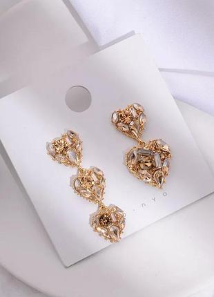 Серьги серёжки сережки подвеска сердца висюльки камни стразы