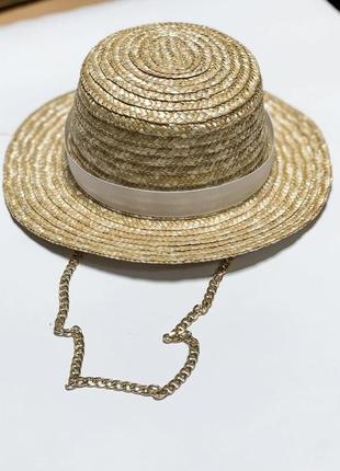 Соломенная шляпа женская канотье с цепочкой