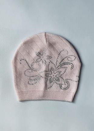 Детская розовая демисезонная шапка со стразами для девочки